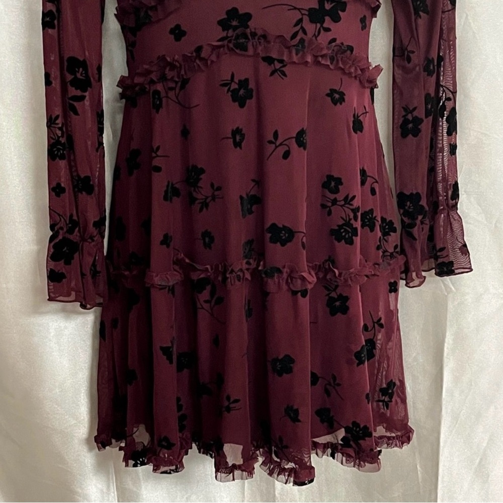 NWT Women Juniors Burgundy Floral Chiffon Dress Romantic Dreamy Sheer Size 7/8 - Picture 6 of 14